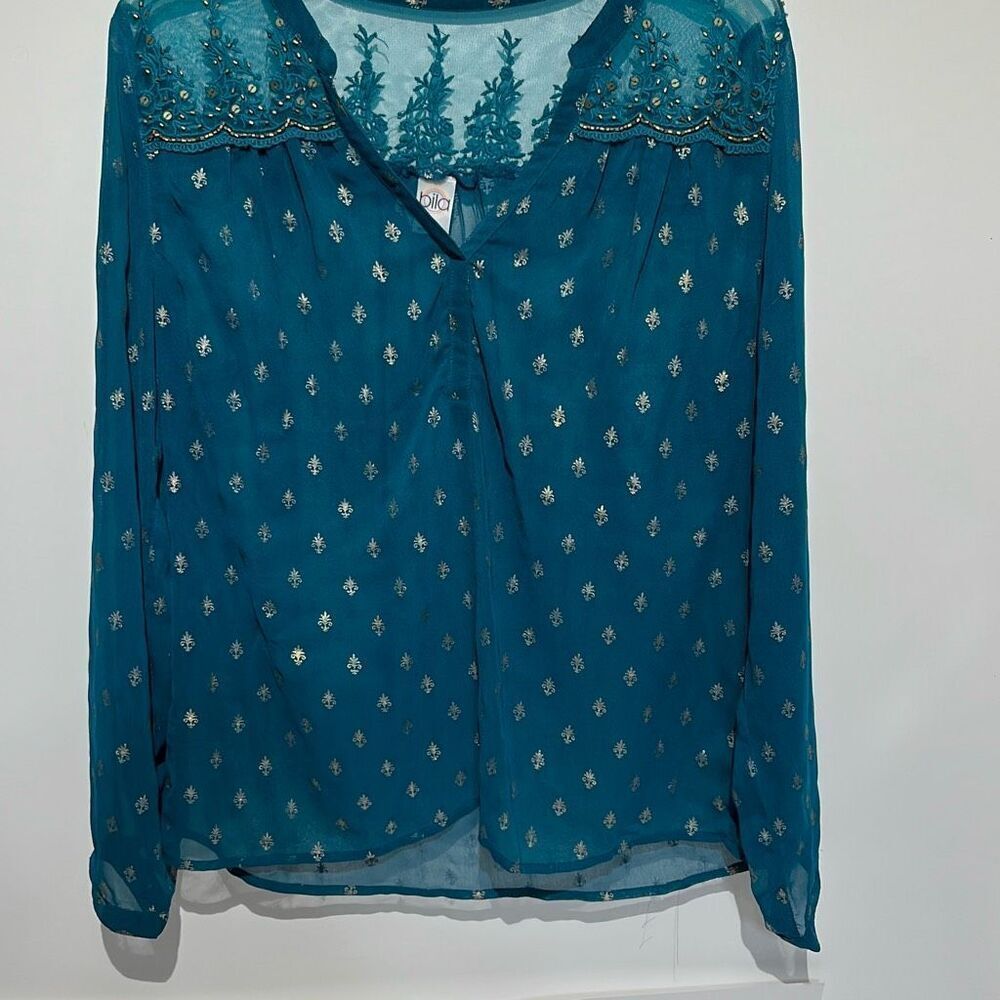 Bila Women's Blue Green‎ Sheer V-Neck Embellished Long Sleeve Blouse Medium
